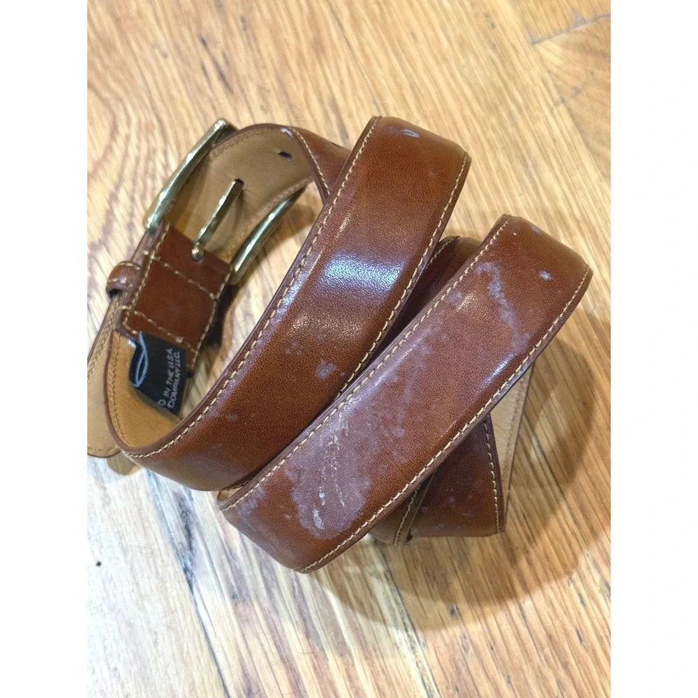 Trafalgar Mens Leather Belt Cognac Brown Gold Buckle Made in USA Classic Dress